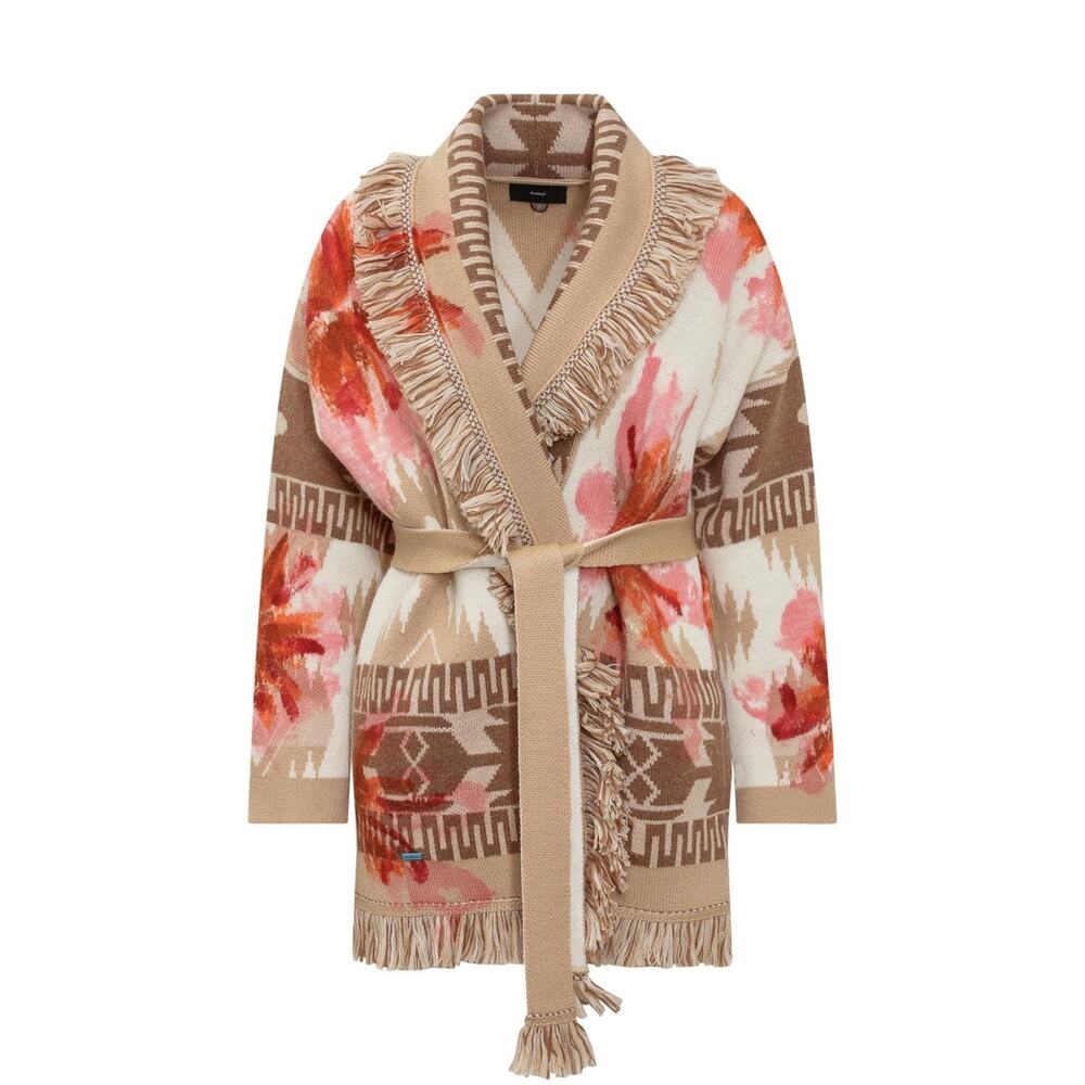 Alanui Desert Island Icon Belted Cardigan - XS Beige Fringe Wool Southwestern